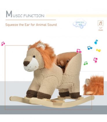 Kids Rocking Lion Plush Ride On Seat Wood Brown 68L x 35W x 50H cm