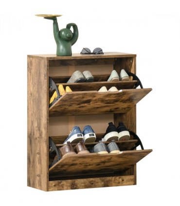 Shoe Cabinet Rustic Brown 81H x 62.5W x 26Dcm 2 Drawer Shoe Cupboard Flip Doors