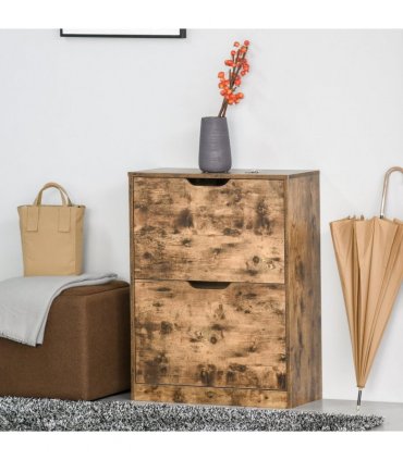 Shoe Cabinet Rustic Brown 81H x 62.5W x 26Dcm 2 Drawer Shoe Cupboard Flip Doors