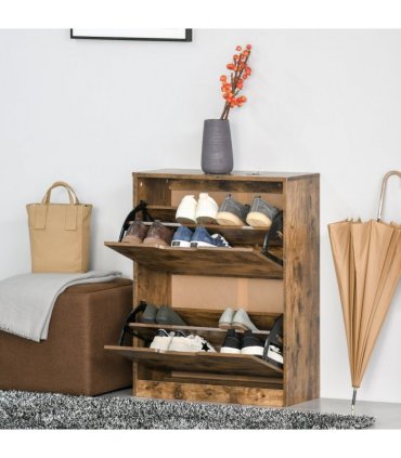 Shoe Cabinet Rustic Brown 81H x 62.5W x 26Dcm 2 Drawer Shoe Cupboard Flip Doors