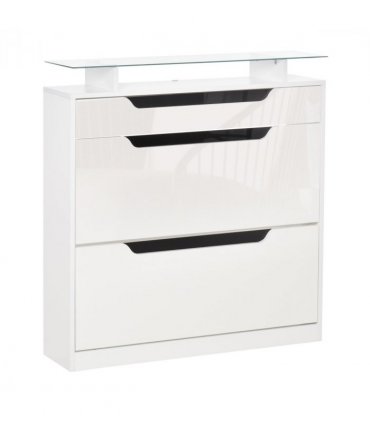 Shoe Cabinet  3 Drawers High Gloss Storage Cupboard  Glass Top White