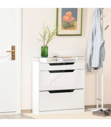 Shoe Cabinet  3 Drawers High Gloss Storage Cupboard  Glass Top White