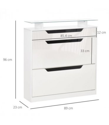 Shoe Cabinet  3 Drawers High Gloss Storage Cupboard  Glass Top White