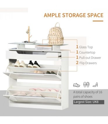 Shoe Cabinet  3 Drawers High Gloss Storage Cupboard  Glass Top White