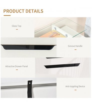 Shoe Cabinet  3 Drawers High Gloss Storage Cupboard  Glass Top White