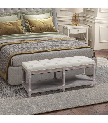 HOMCOM 2-Tier Bed End Bench, Vintage Stool Button Tufted Seat Cream White