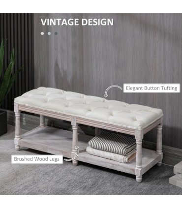 HOMCOM 2-Tier Bed End Bench, Vintage Stool Button Tufted Seat Cream White