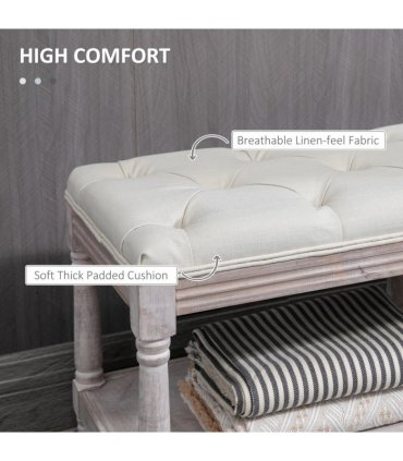 HOMCOM 2-Tier Bed End Bench, Vintage Stool Button Tufted Seat Cream White