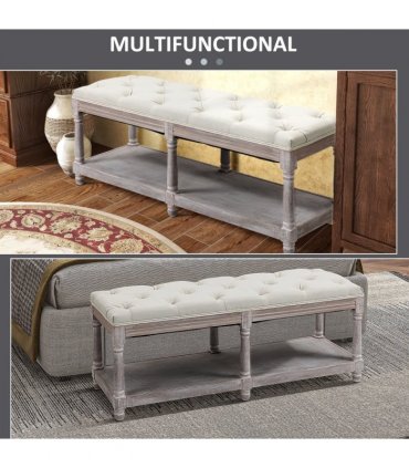HOMCOM 2-Tier Bed End Bench, Vintage Stool Button Tufted Seat Cream White