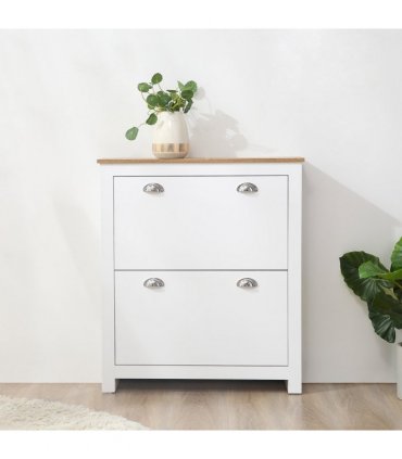 2 Drawer Shoe Cabinet Narrow Shoe Cupboard with Flip Doors White