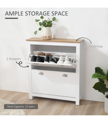 2 Drawer Shoe Cabinet Narrow Shoe Cupboard with Flip Doors White
