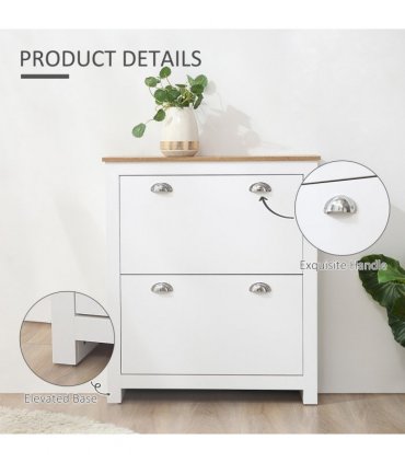 2 Drawer Shoe Cabinet Narrow Shoe Cupboard with Flip Doors White