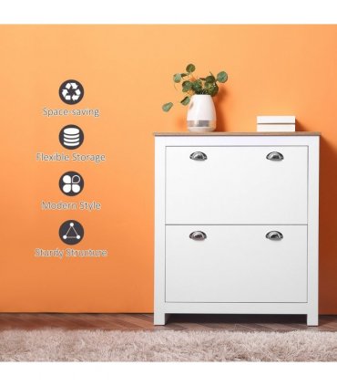 2 Drawer Shoe Cabinet Narrow Shoe Cupboard with Flip Doors White