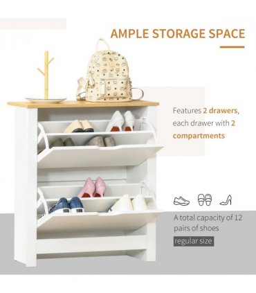 Shoe Cabinet Spacious 2 Drawers Particle Board White 80H x 72L x 26Dcm