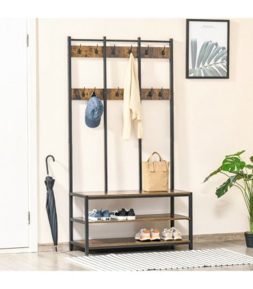 Entryway Coat Rack Hall Tree Shoe Bench 3 in 1 Design Metal Rack HOMCOM