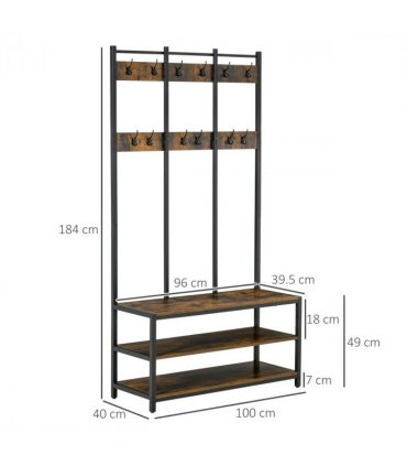 Entryway Coat Rack Hall Tree Shoe Bench 3 in 1 Design Metal Rack HOMCOM
