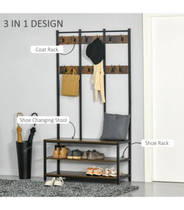 Entryway Coat Rack Hall Tree Shoe Bench 3 in 1 Design Metal Rack HOMCOM