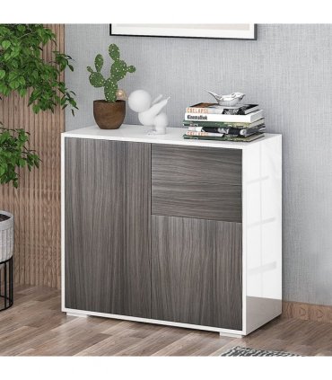 Side Cabinet Grey 2 Door 2 Drawer Glossy Matte Combo Multiple Storage Push Open
