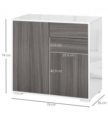 Side Cabinet Grey 2 Door 2 Drawer Glossy Matte Combo Multiple Storage Push Open
