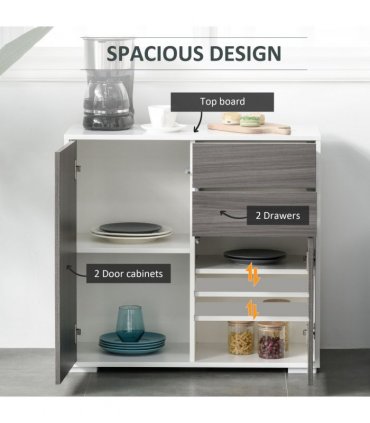 Side Cabinet Grey 2 Door 2 Drawer Glossy Matte Combo Multiple Storage Push Open