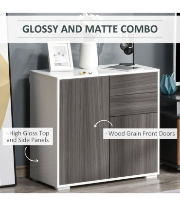 Side Cabinet Grey 2 Door 2 Drawer Glossy Matte Combo Multiple Storage Push Open