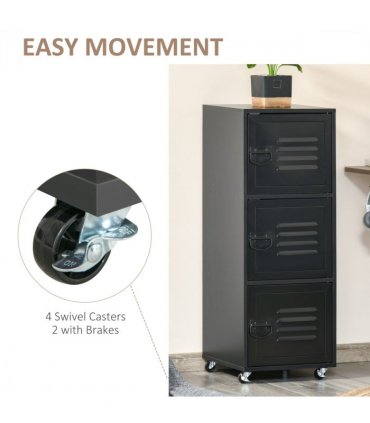 Rolling Storage Cabinet 3-Tier Mobile File Cabinet with Wheels Black