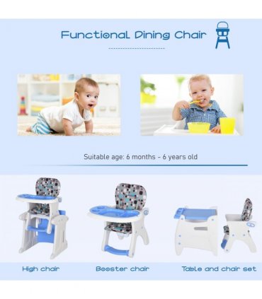 3-in-1 Convertible Baby High Chair Booster Seat w/ Removable Tray Blue
