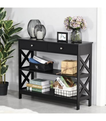 Console Table Side Desk Shelves Drawers Open Top Hallway Black