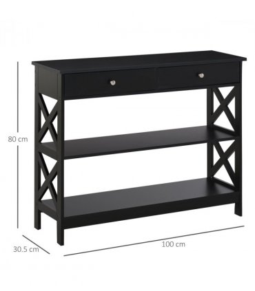 Console Table Side Desk Shelves Drawers Open Top Hallway Black