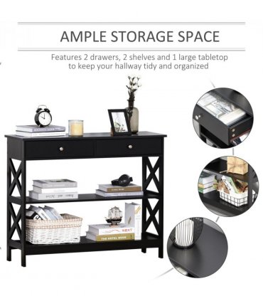 Console Table Side Desk Shelves Drawers Open Top Hallway Black