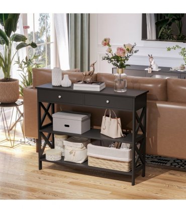 Console Table Side Desk Shelves Drawers Open Top Hallway Black