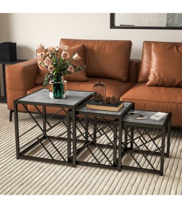 HOMCOM Set of 3 Nesting Coffee Tables Square End Tables w/ Metal Frame, Grey