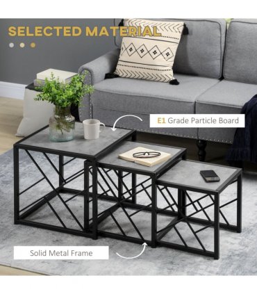 HOMCOM Set of 3 Nesting Coffee Tables Square End Tables w/ Metal Frame, Grey