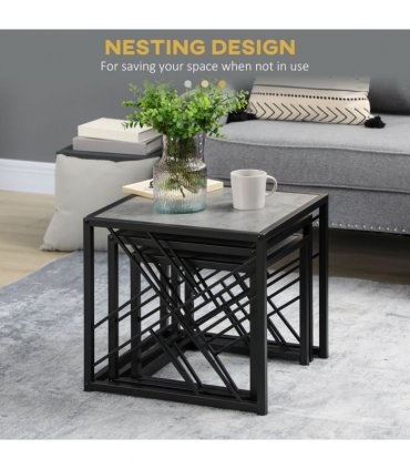 HOMCOM Set of 3 Nesting Coffee Tables Square End Tables w/ Metal Frame, Grey
