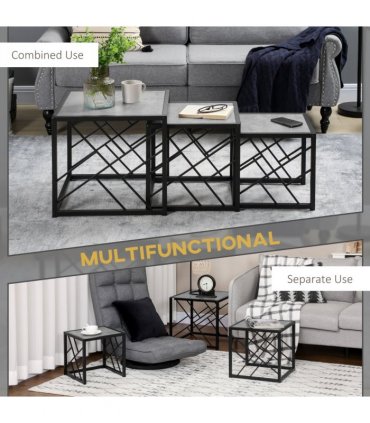 HOMCOM Set of 3 Nesting Coffee Tables Square End Tables w/ Metal Frame, Grey