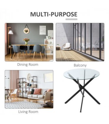 Side Table Black Glass Metal 80x80x75cm 0.7cm 5kg Clear Glass Top Modern