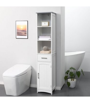 kleankin Tall Bathroom Storage Cabinet, Slim Freestanding Linen Tower, White