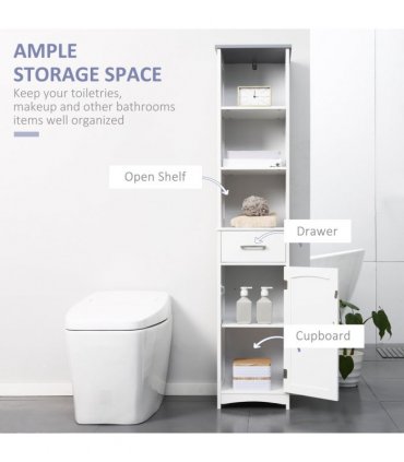 kleankin Tall Bathroom Storage Cabinet, Slim Freestanding Linen Tower, White