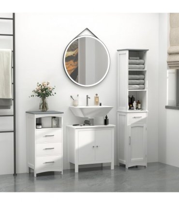 kleankin Tall Bathroom Storage Cabinet, Slim Freestanding Linen Tower, White