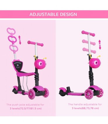 Kids Baby Toddler Kick Scooter Pink 5-in-1 Removable Seat Height Adjustable