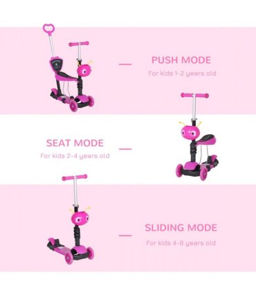 Kids Baby Toddler Kick Scooter Pink 5-in-1 Removable Seat Height Adjustable