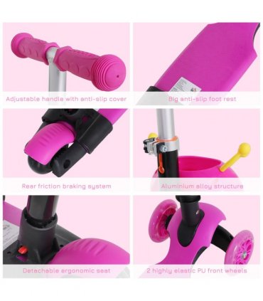 Kids Baby Toddler Kick Scooter Pink 5-in-1 Removable Seat Height Adjustable