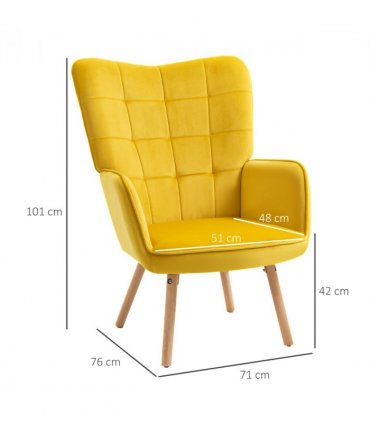 Armchair Velvet Yellow 101H x 71W x 76Dcm HOMCOM Modern Accent Chair Wingback