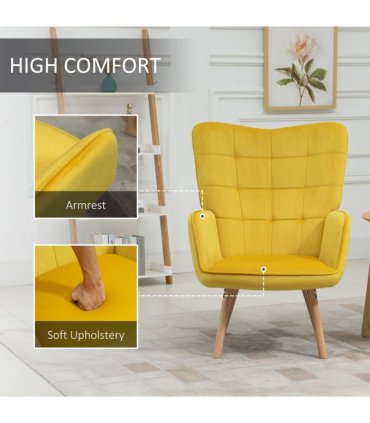 Armchair Velvet Yellow 101H x 71W x 76Dcm HOMCOM Modern Accent Chair Wingback