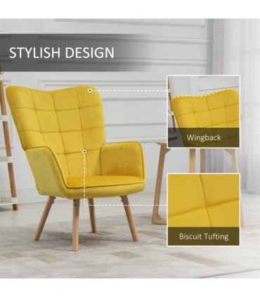 Armchair Velvet Yellow 101H x 71W x 76Dcm HOMCOM Modern Accent Chair Wingback