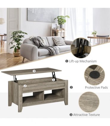 HOMCOM Lift Top Coffee Table w/  Hidden Storage Compartment & Shelves Oak
