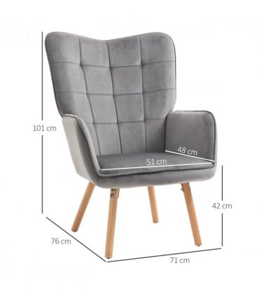 Armchair Velvet Grey 101H x 71W x 76Dcm Modern Accent Chair Wingback Armchair