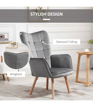 Armchair Velvet Grey 101H x 71W x 76Dcm Modern Accent Chair Wingback Armchair