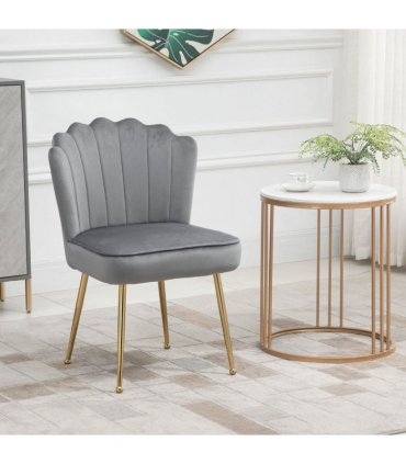 Velvet-Feel Shell Luxe Accent Chair Home Bedroom Lounge Metal Legs Grey