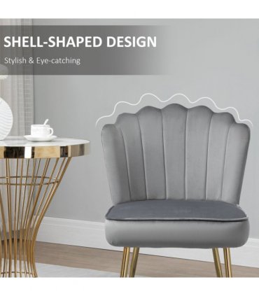 Velvet-Feel Shell Luxe Accent Chair Home Bedroom Lounge Metal Legs Grey